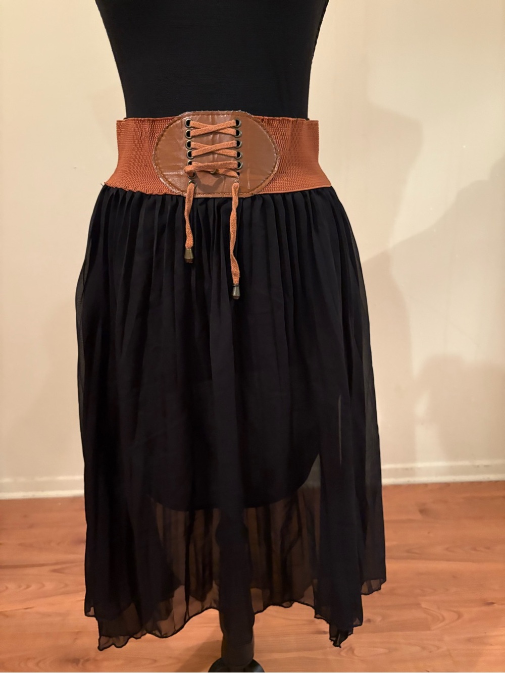 Magic Black Sheer Midi Skirt with Brown Lace-Up Waistband